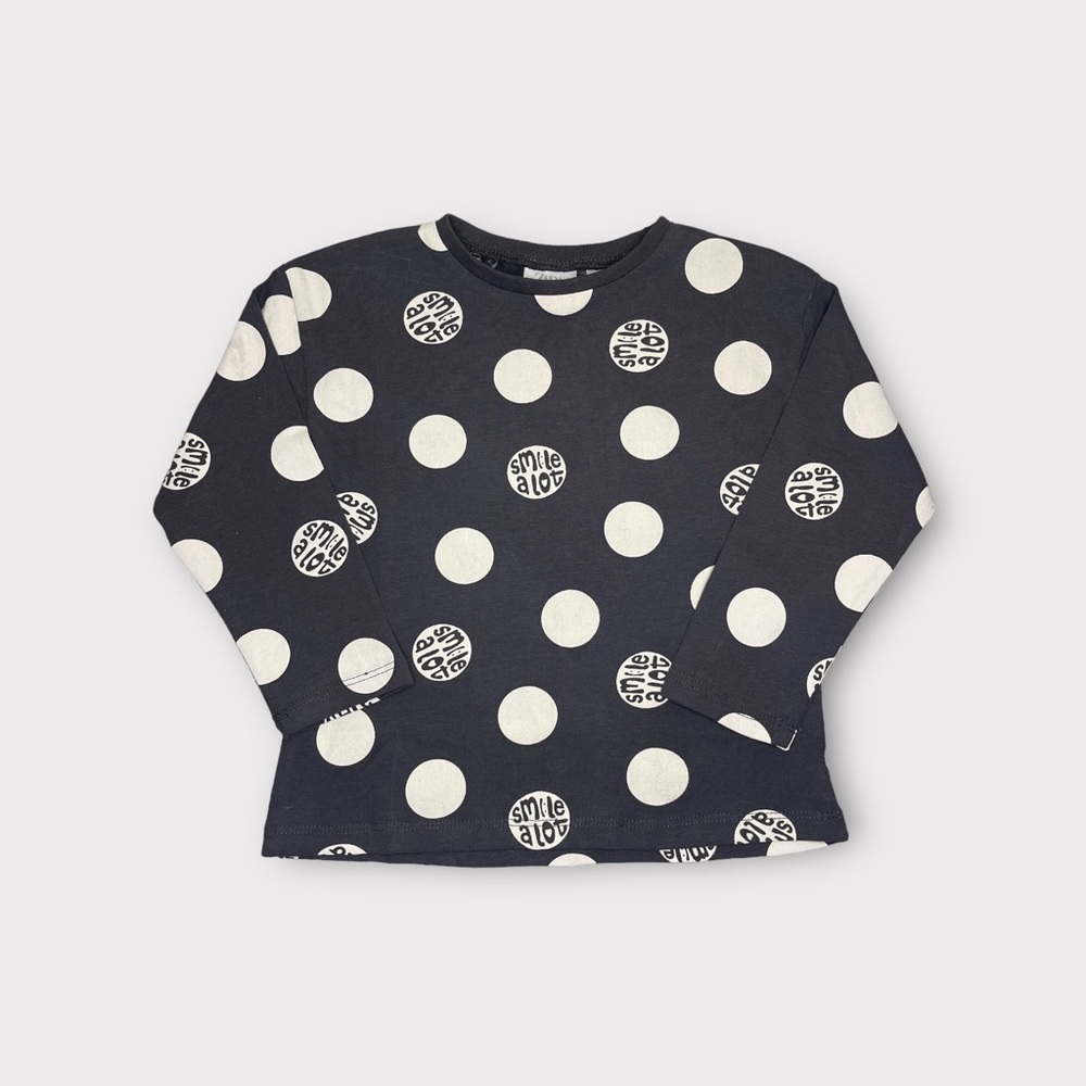 Zara Polkadot Text “Smile A lot” Gray Long Sleeve Shirt